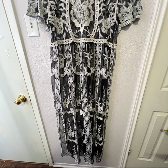 Ember Black White Sheer Unlined Lace Empire Waist Maxi Boho Romantic Dress Sz XL - Picture 7 of 13